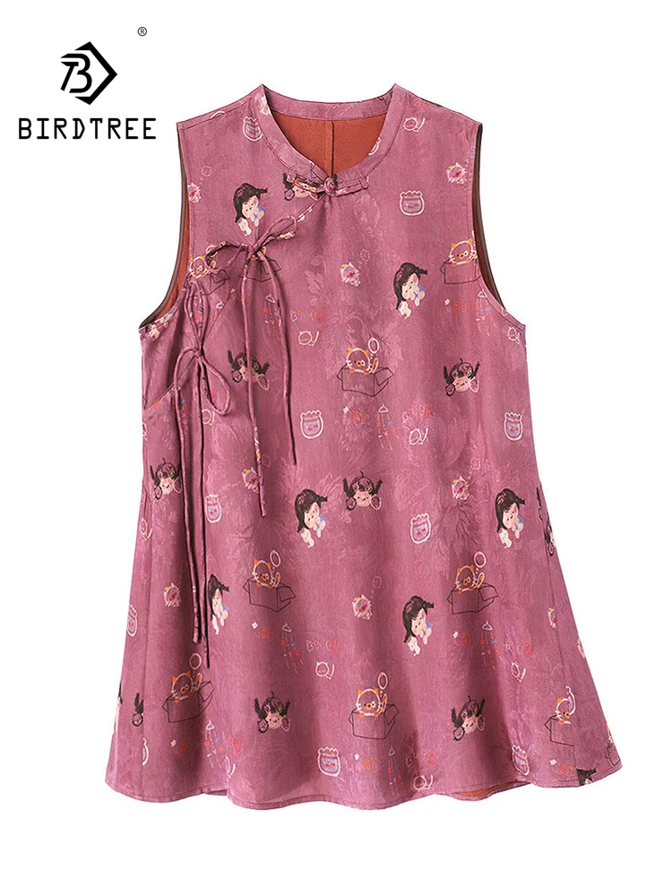 BirdTree-35MM Silk Watered Gauze Elegant Vest, O Neck Cartoon Print, Women OL Age Reduction Loose Coat, 2026 Summer New C67190CC