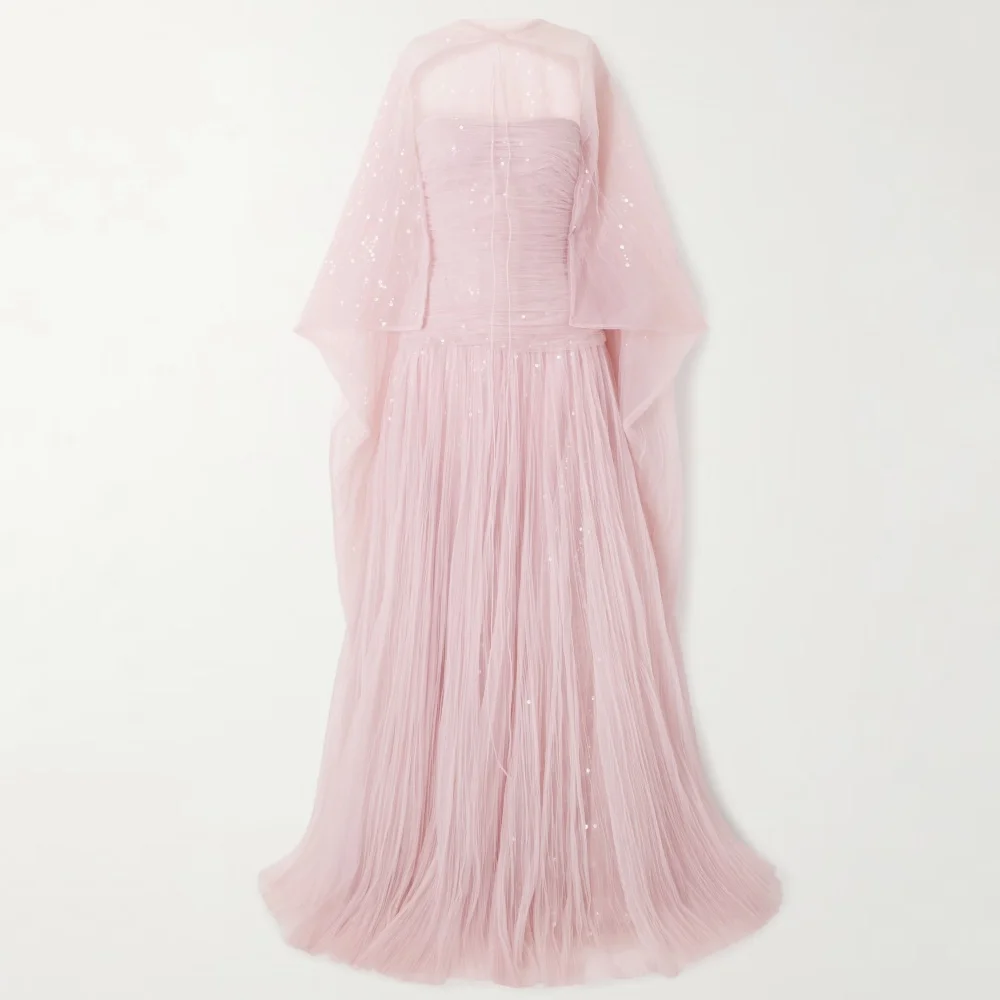 

HM Shiny Customized A Line Strapless Prom Dresses Tulle Sequined Evening Dress Modern Style Party Gown Romantic Vestido De Novia