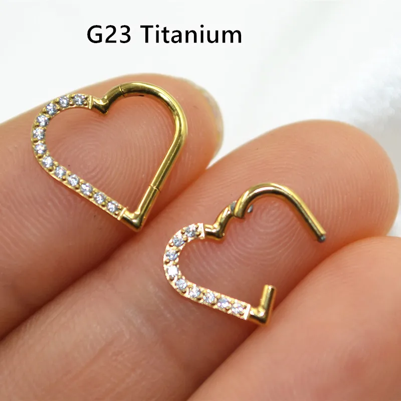 

10pcs G23 Titanium CZ Heart 16G Nose Hoop Septum Clicker Hinged Segment Ring Ear Cartilage Helix Rook Tragus New Body Piercing