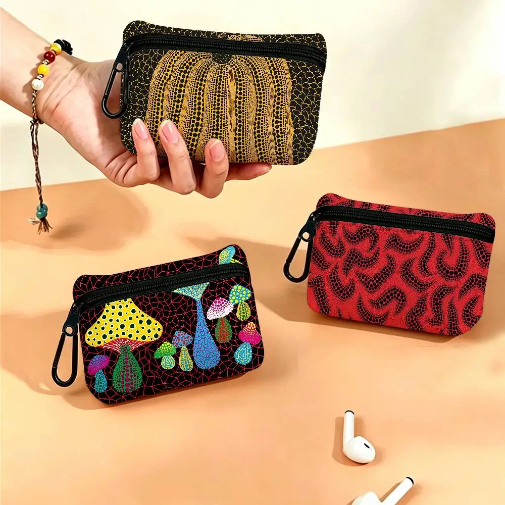 Yayoi Kusama Art Lightweight Oxford Fabric Coin Purse With Black Carabiner Hook Card Holder Earphone Storage Pouch