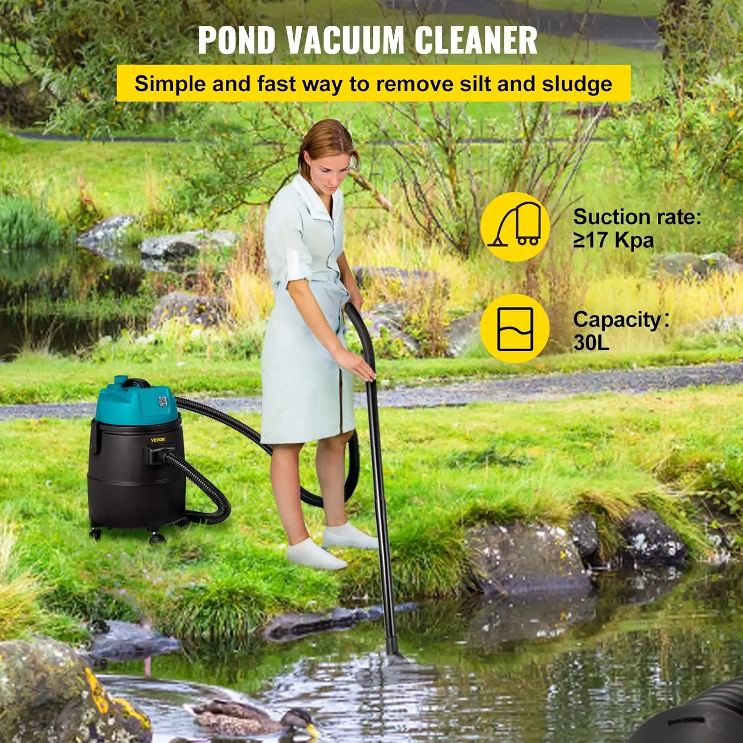 Pond Vacuum Cleaner, 1400W Motor in Single Chamber Suction System, 120V Motor w/15 ft Electric Wire, 4 Brush Heads