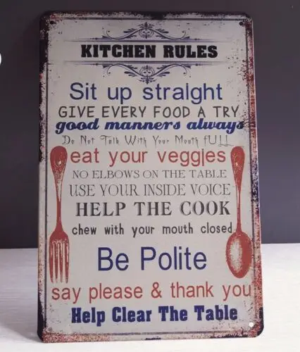 Retro Tin Signs Our Kitchen Rules Be Polite Poster Metal Plate Wall Decor