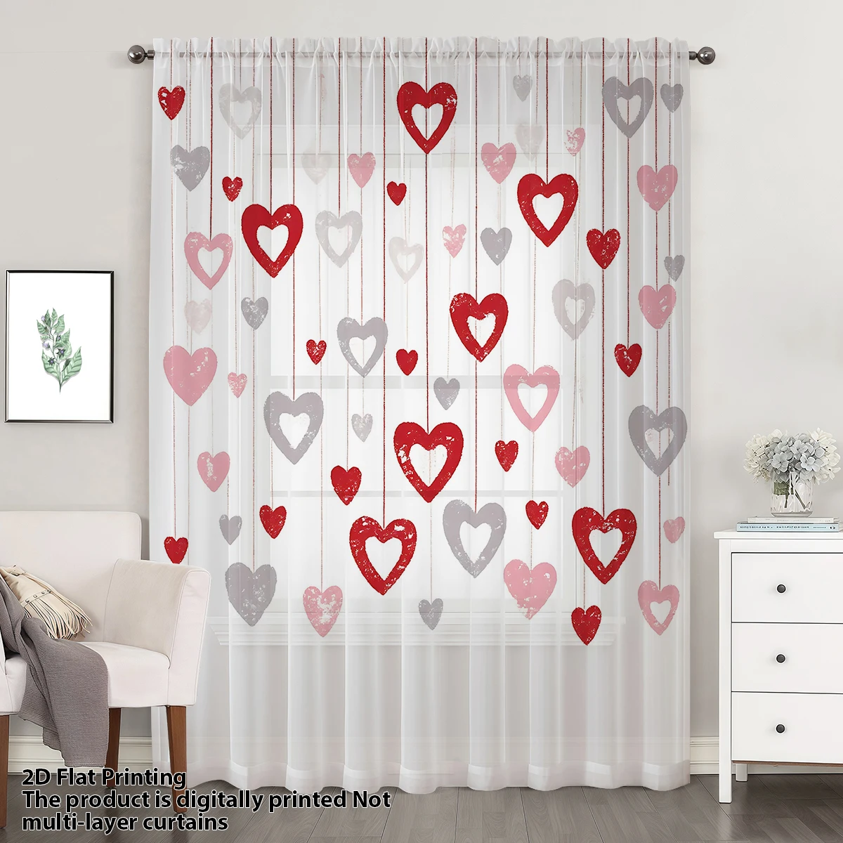 One-Piece Color-Block Heart Window Curtain Sweet Cool Romantic Style Festive Warm Atmosphere Decorative Window Treatment