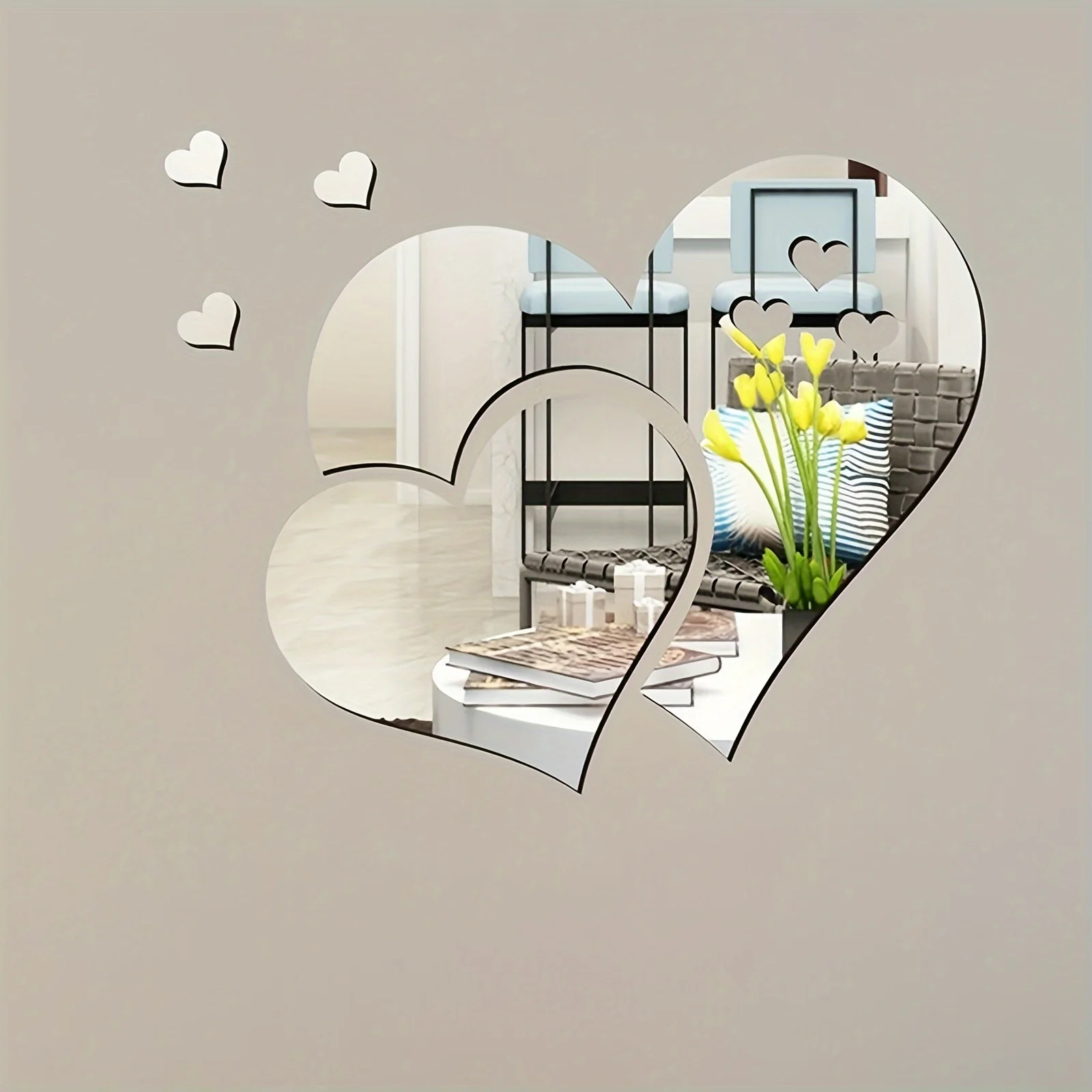 5PCS 10.2×7.8 Inch Heart Acrylic Mirror Stickers 3D Self-Adhesive Shatterproof Mirror Wall Decor for Living Room Bedroom School