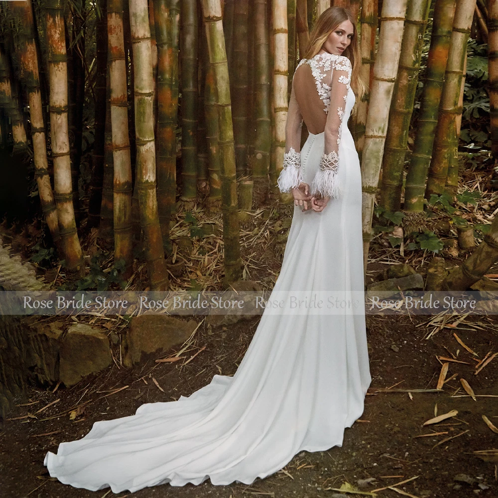 Mermaid Wedding Dresses for Women White Long Sleeves Applique Wedding Gowns Bride Backless Side Slit Feather Summer Bridal Dress