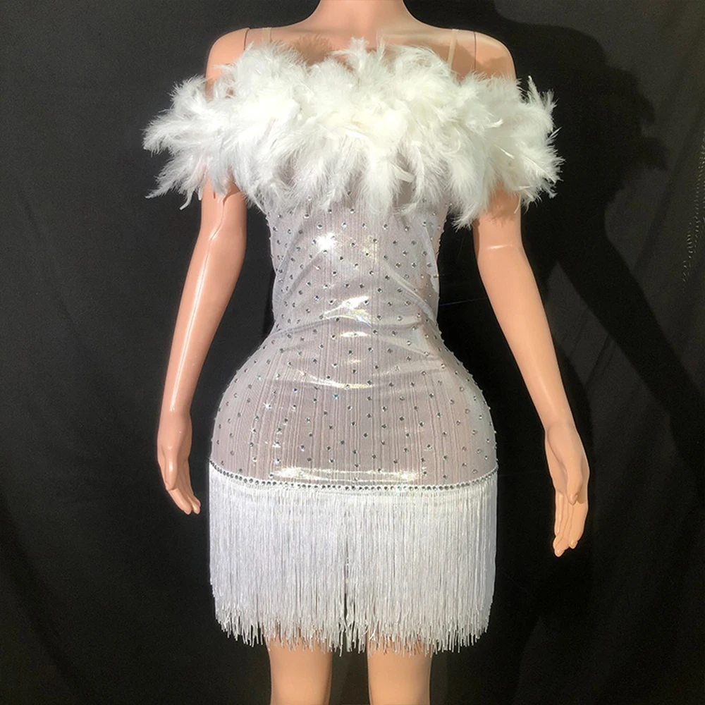 Robe en dentelle de maille de glands personnalisés, plume transparente à haute élasticité, robe moulante sexy, robe de performance de fête d'anniversaire