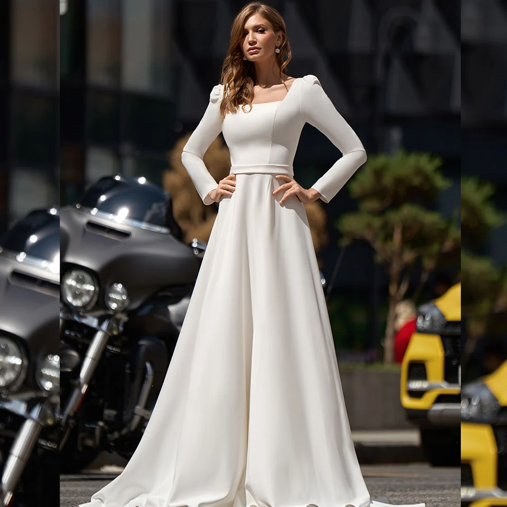 

Stunning Long Sleeve Wedding Dress A-Line Squar Collar Gorgeous Bridal Gowns For Women Customize To Measures Robe De Mariee