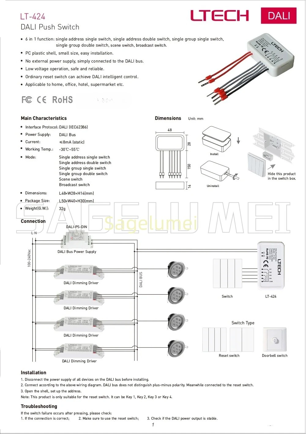 LTECH LT-424 DALI Push Switch 6 in 1 Function Dali bus Control Low Voltage Operation On/Off Switch LED Switch for Strip Light