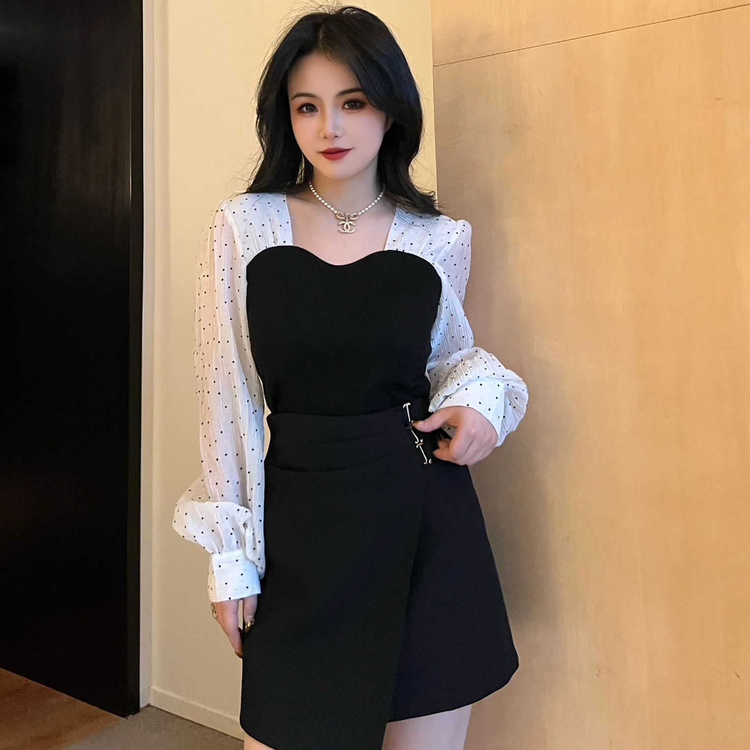 

Spring Polka Dot Bubble Sve Design Sensation Top Small Size Splicing Faion Women's Lace irt/Chiffon