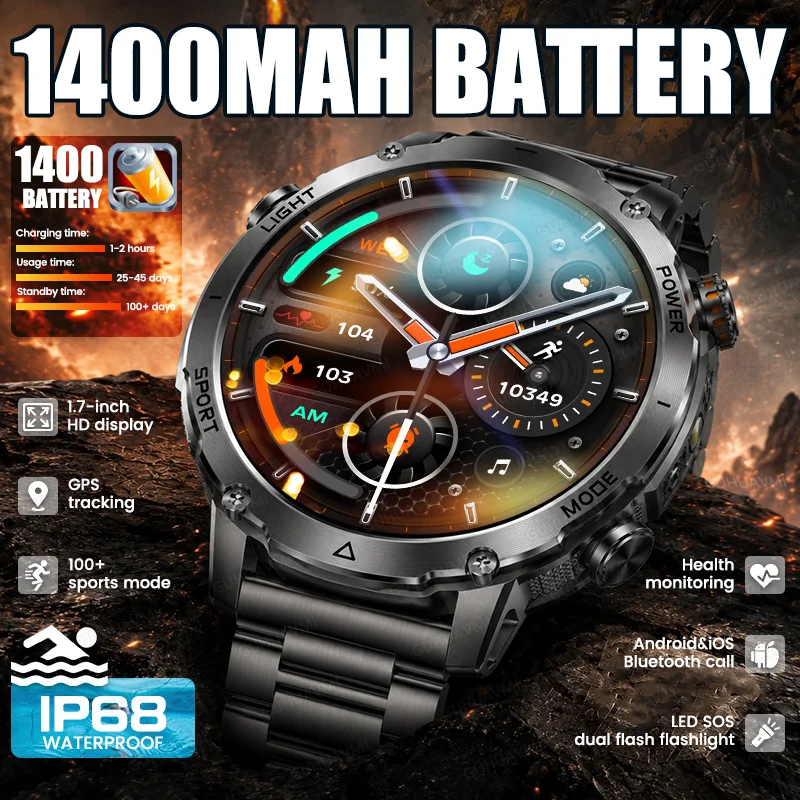 New Outdoor 1400mAh Large Battery Smart Watch GPS IP68 Waterproof Bluetooth Call 100+Sports Mode Men's Smartwatches For Android