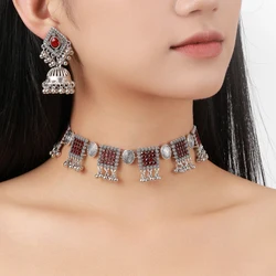 Vintage Square Geometric Crystal Jewelry Set for Women Charm Silver Color Tassel Earring Zircon Chain Necklace Bridal Gift Party