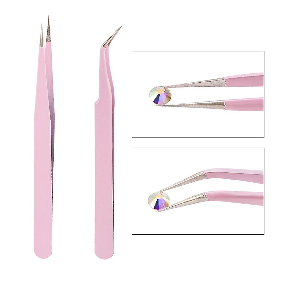 Pinzette rosa in acciaio inossidabile per raccogliere strumenti, clip per pinza per estensione ciglia, strumento per nail art per manicure