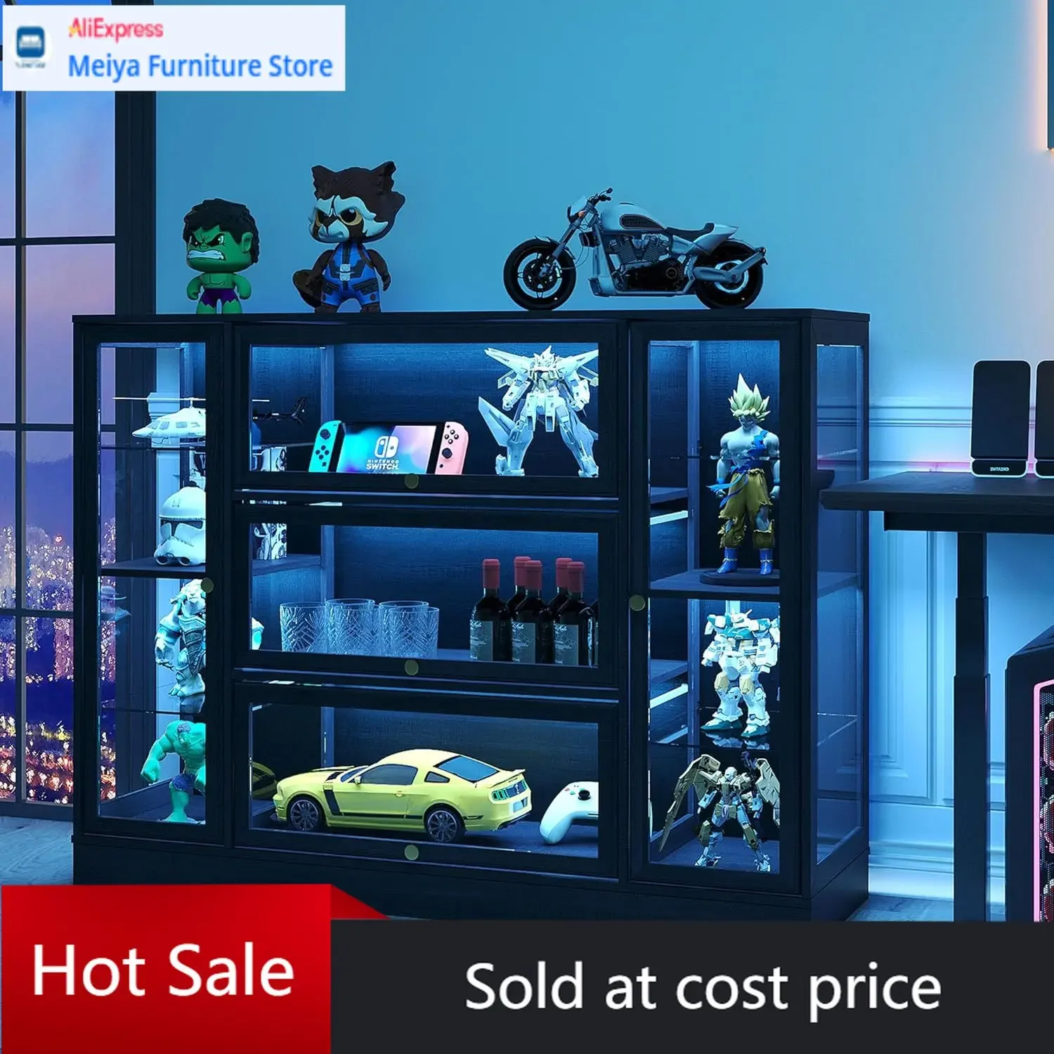 Black Extra Wide Curio Cabinet With Acrylic Doors LED Lighting Collectibles Display Shelf Organizer Rack Case
