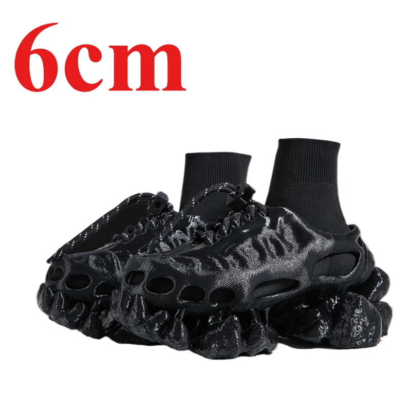 Original 3D Printing Design 6cm Thick Bottom Black Dad Shoes for Men's Genuine Leather Couple Casual Height Increase Shoes Boots