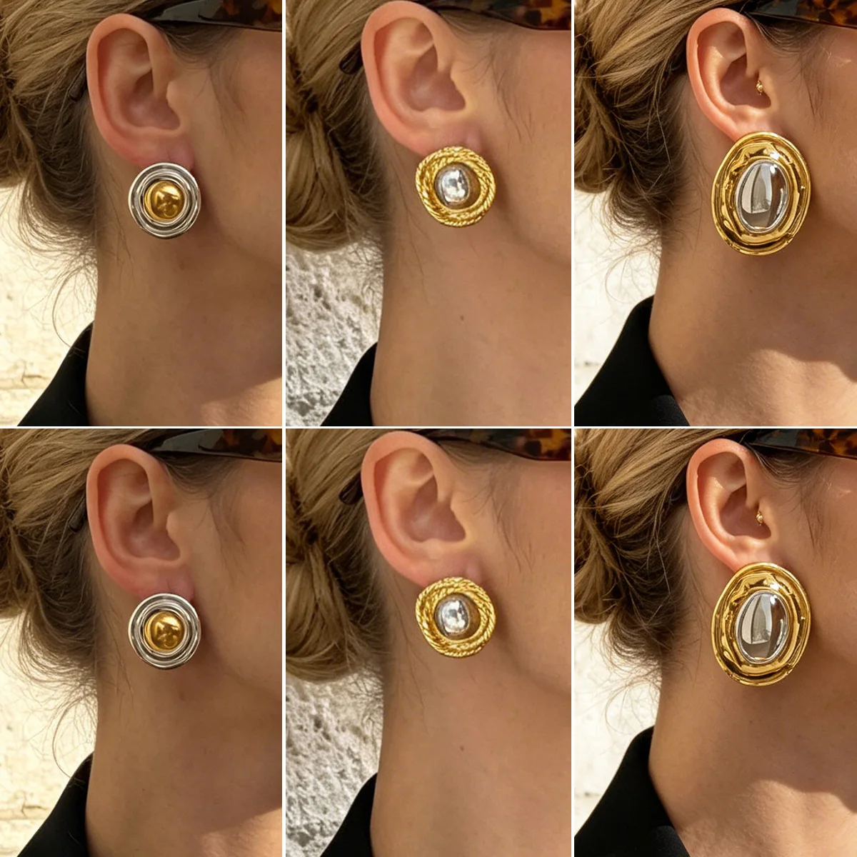 Vintage Thread Lace Oval Earrings Hammered Texture Color Block Stainless Steel Bold Lightweight for Women Daily Wear