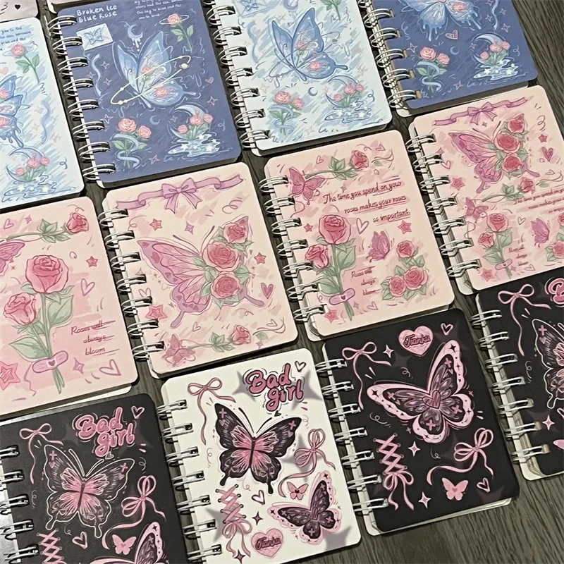 1 Pc Random Mini A7 Size Notebook for Student Girl Aesthetic Rose Red Butterfly Stationery Notepad Portable Cute Journal Diary