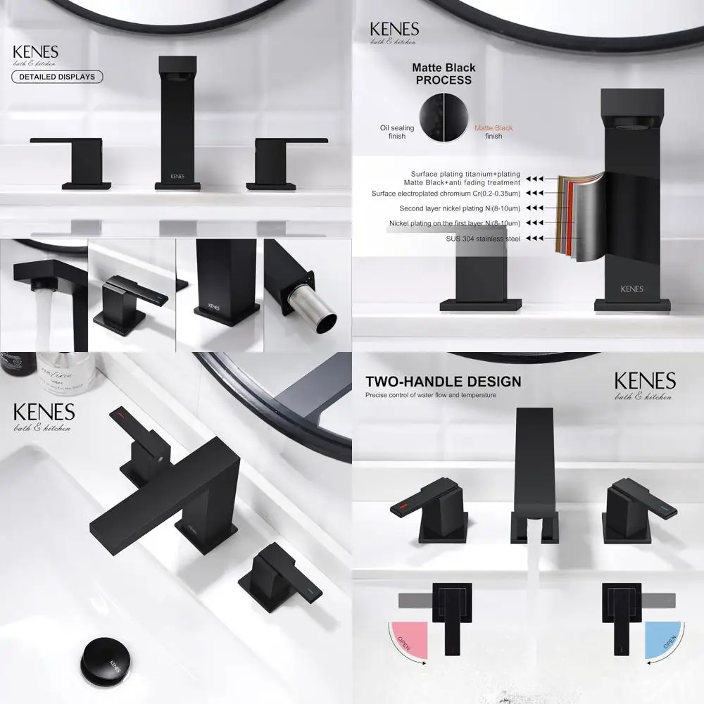 

Double Handle Matte Black 8 3-Hole Bathroom Sink Faucet Set with Supply Lines, KE-9050-2