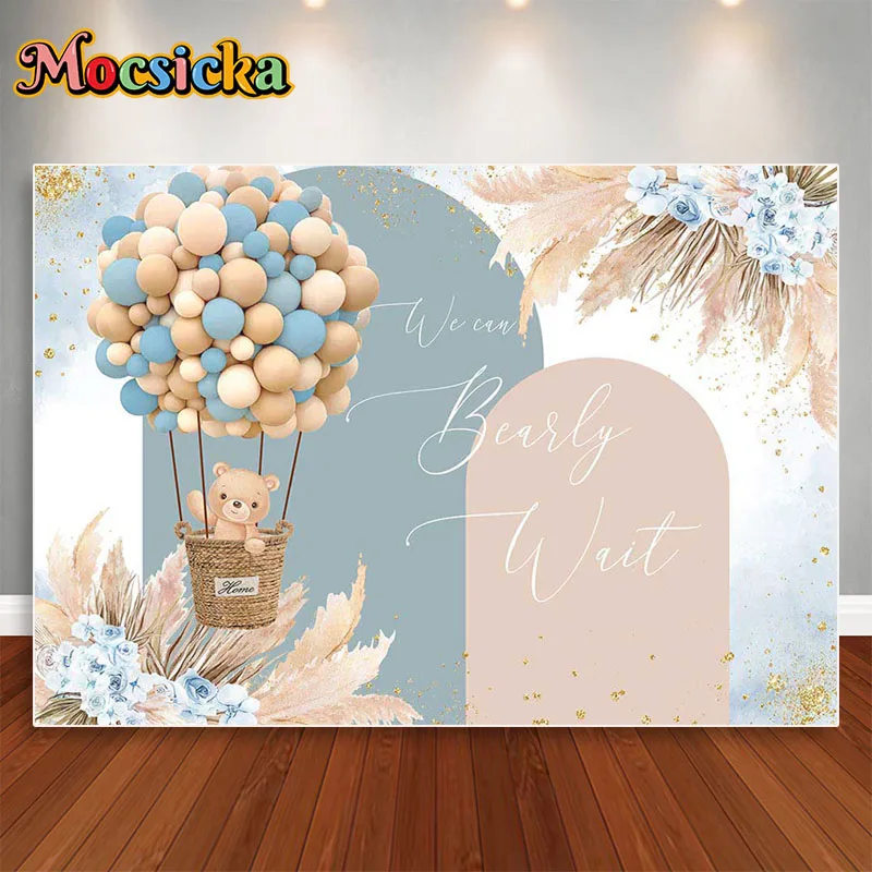 Mocsicka  Baby Shower Backdrop Cute Bear Balloon Boys Welcome Party Decor Background We Can Wait Banner Photo Studio Poster