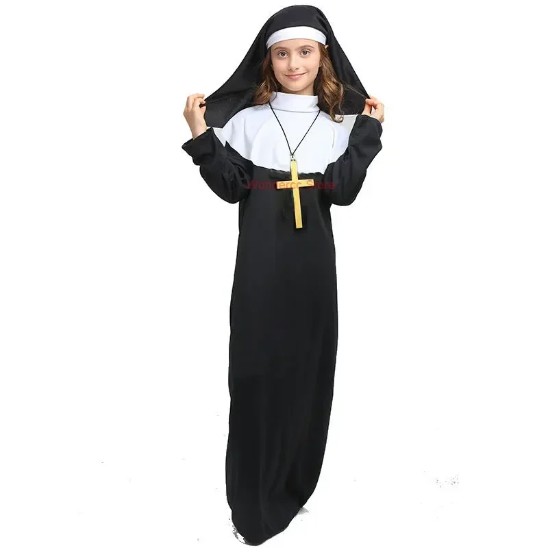 Girls Women Nun Cosplay Costume Decent Medieval Robe With Headkerchief Necklace Kids Adult Halloween Costume