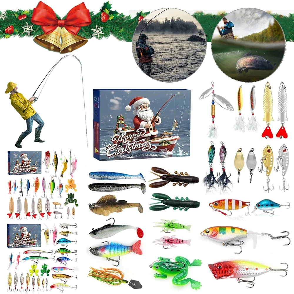 

24 Days Christmas Countdown Calendar Fishing Lures Set Advent Calendar Xmas Surprise Fish Bait Gift for Father Granpa Boyfriend