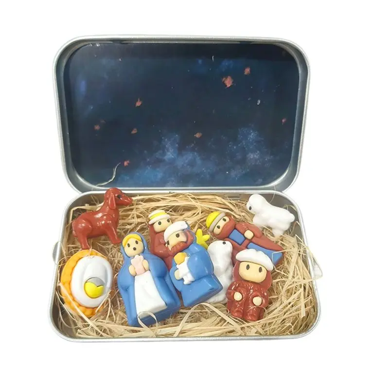 SHGO-Handcrafted Mini Christmas Nativity Set In A Tin Box, Portable Figurine Scene For Desk, Office, Home