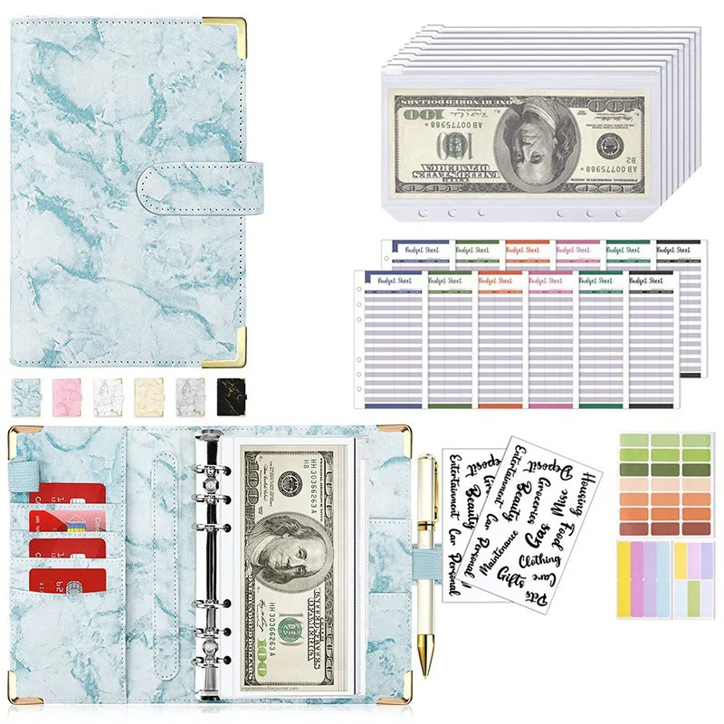 A6 PU Leather Budget Binder, Marble Pattern Cash Envelope Wallet With Zipper Pockets, Money Saving Organizer,Office Supplies