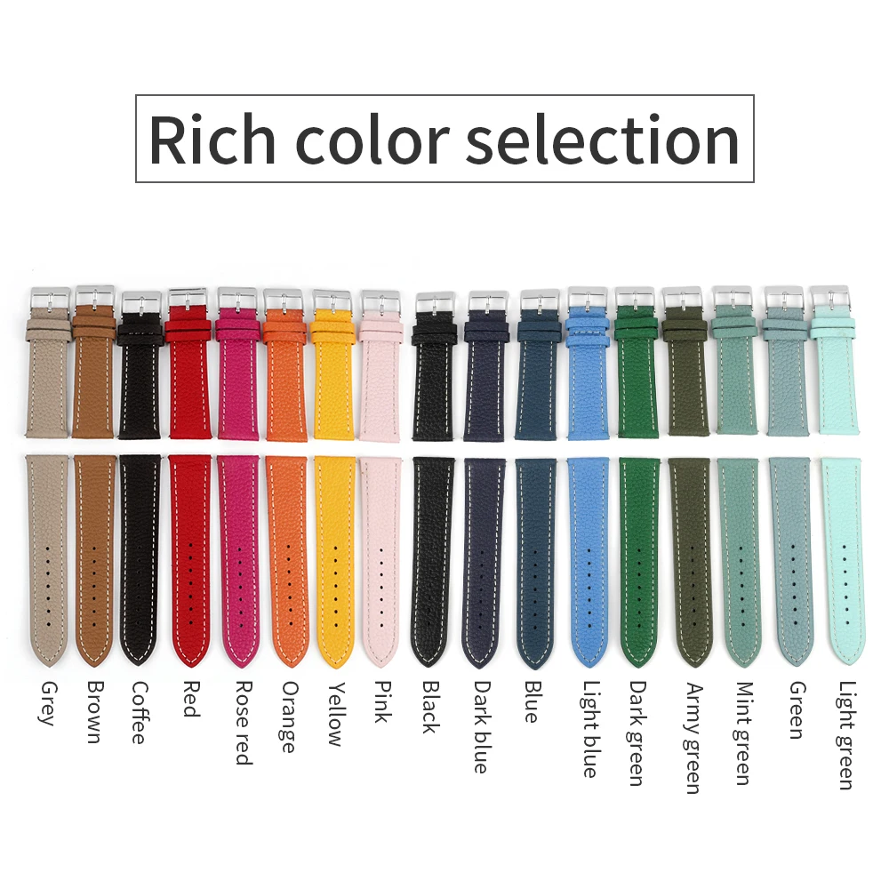 Soft Genuine Leather Watch Band 16mm 18mm 20mm 22mm Cowhide Litchi Pattern Watch Strap for Men Women Watch Accessories