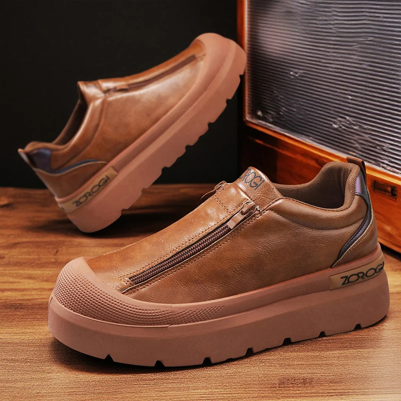 

Hot Sale Brown Sneakers For Men Fashion Zip Designer Shoes Man Casual Sneakers Comfortable Leather Platform Men's Sports Shoes