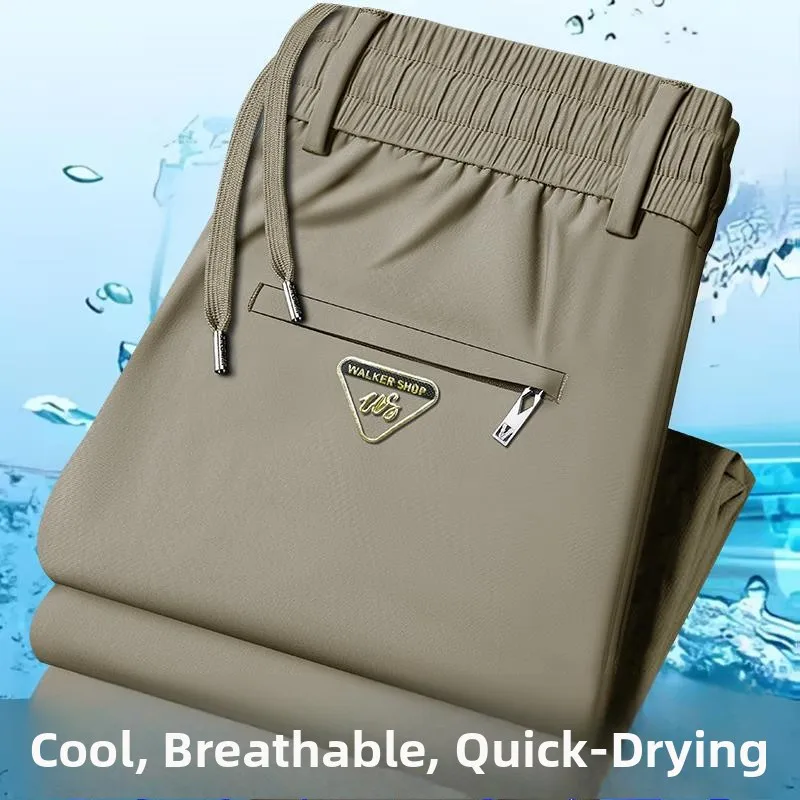 

Мужские летние тонкие спортивные брюки из ледяного шелка, свободного прямого кроя, быстросохнущие, с эластичным поясом, для молодежи, повседневные, длинные