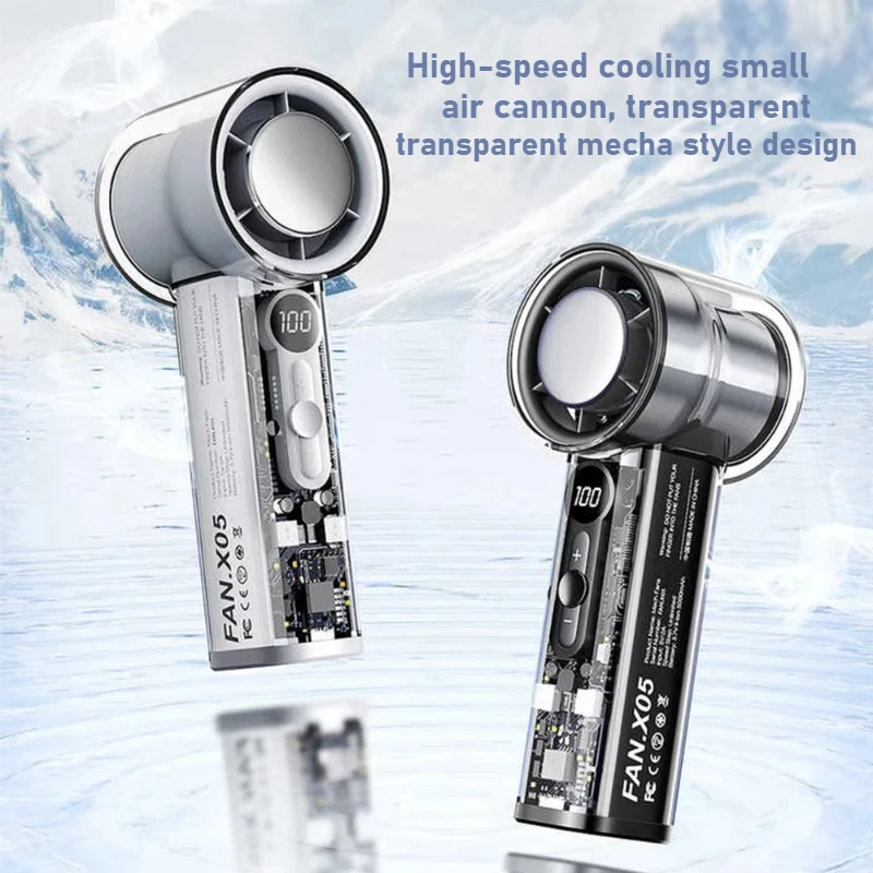 X05 Transparenter Mecha Handventilator USB Halbleiter-Kühlung Eiskompression 100-Gang Digitalanzeige Tragbarer Mini-Ventilator