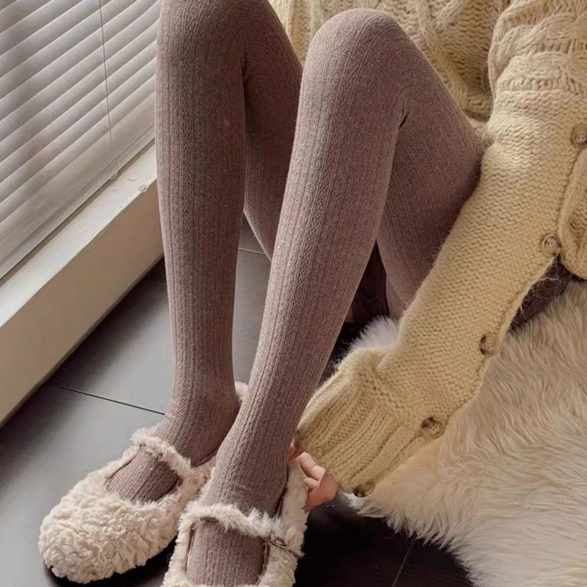 Winter-Strick-Strumpfhose für Damen, sexy, einfarbig, Baumwolle, gestreift, Skinny-Leggings, Strumpfhose, neue Streetwear – Detail 3