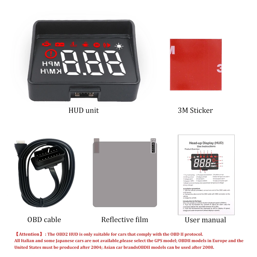 سيارة HUD A100S رصد رئيس يصل عرض OBD2 II نظام التحذير الزائد الجهد إنذار A100S مع عدسة هود الزجاج الأمامي العارض
