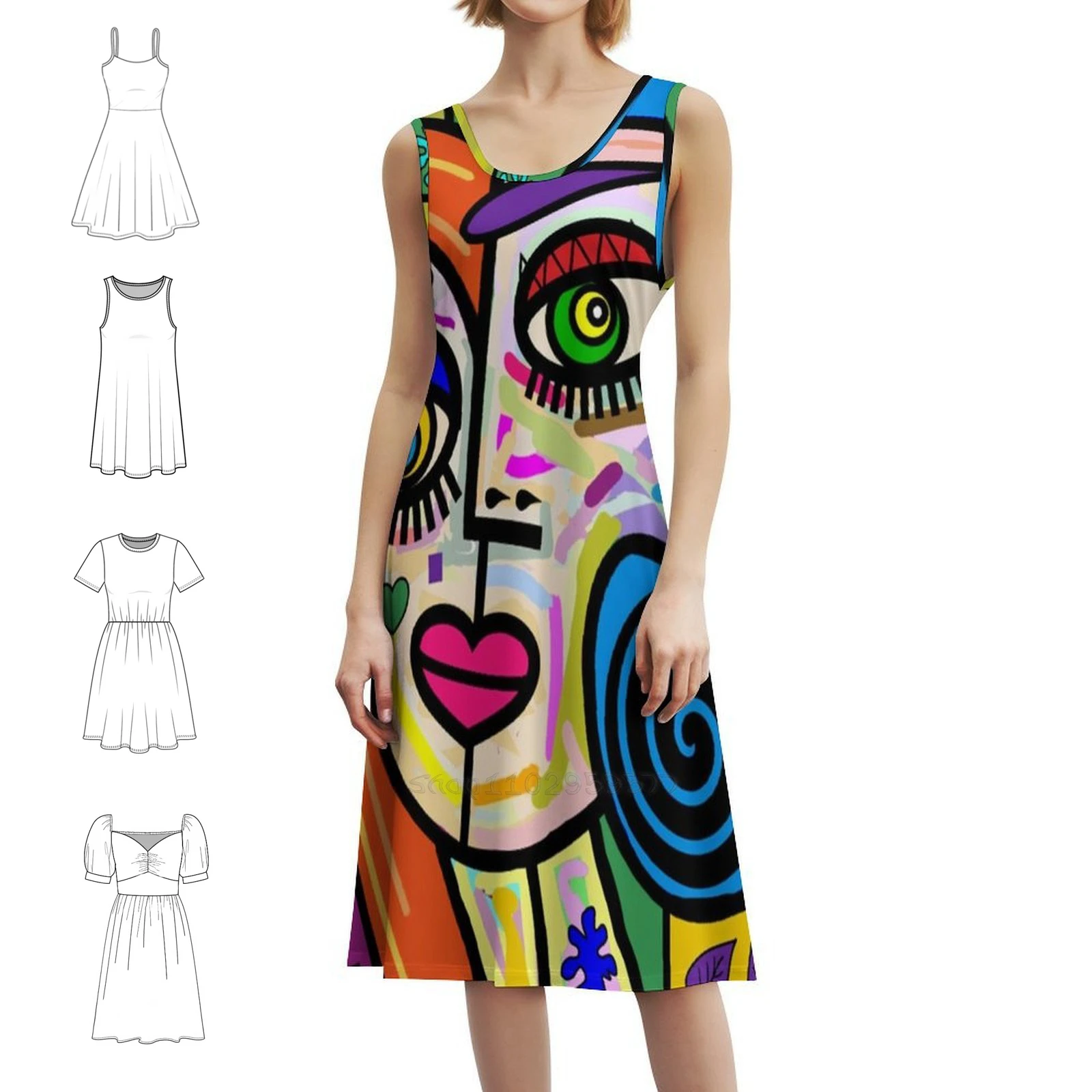 Funky Ladies Abstract Face No 2 Floral Smock Dress For Women Spring Summer Casual Dress For Party Multicolor Picasso Abstract