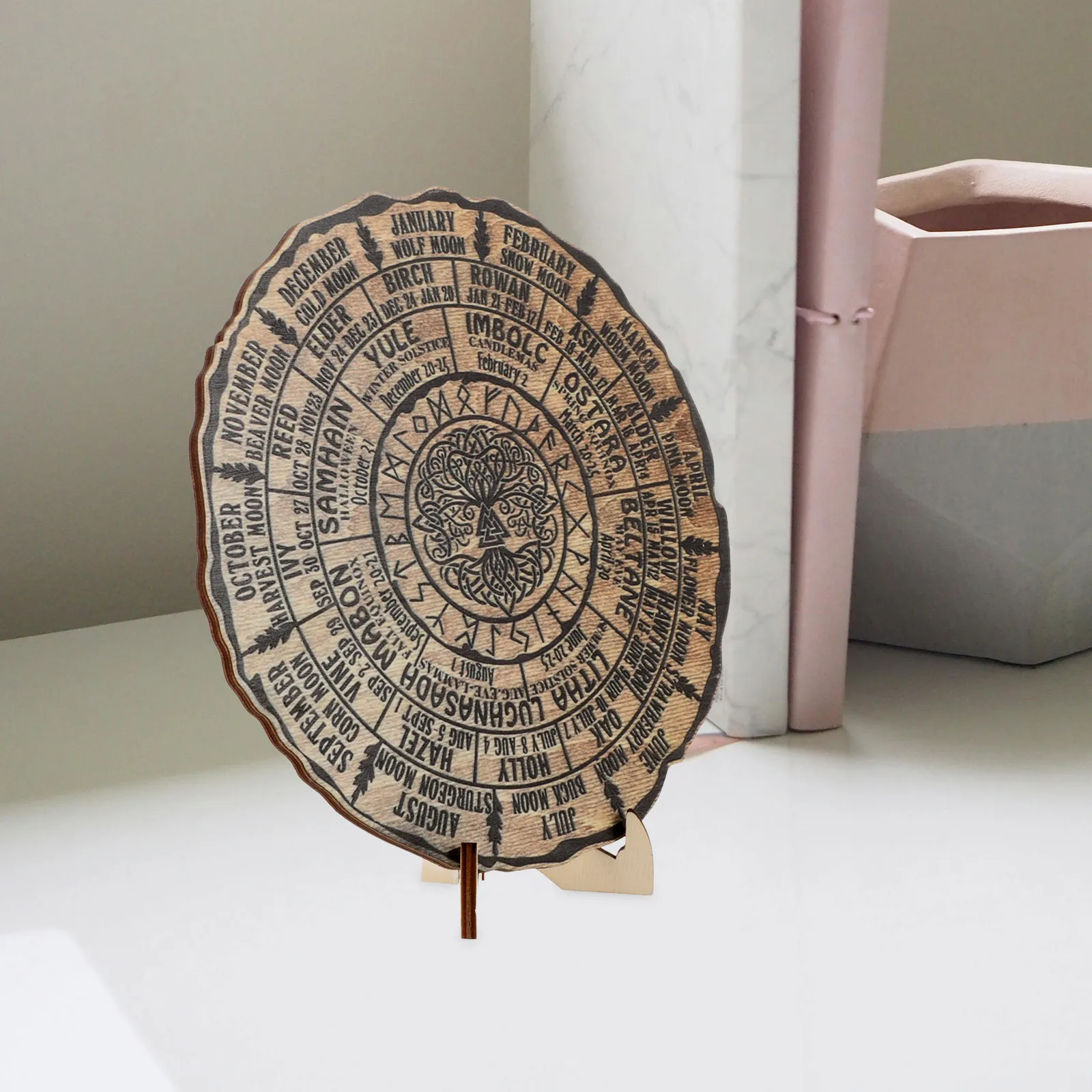 

Wooden Decorations Vintage Calendar Ornaments Natural Home Office Desk Tree Ring Sign Wooden Calendar