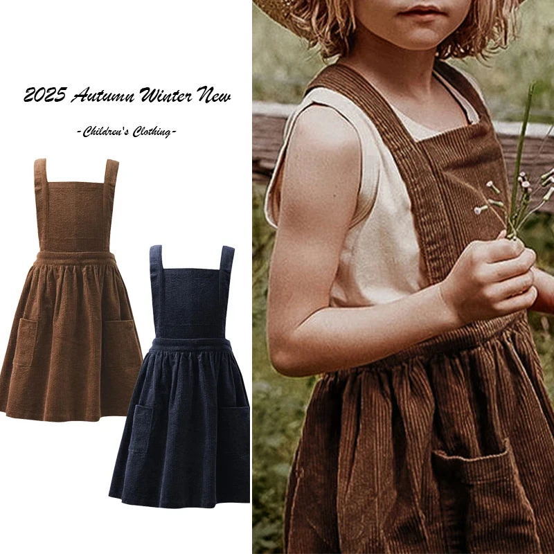 

2025 Autumn Winter Retro Fashion Girls' Dress Baby Corduroy Dress Long Skirt Cotton Casual Princess Dress Children's Clothing