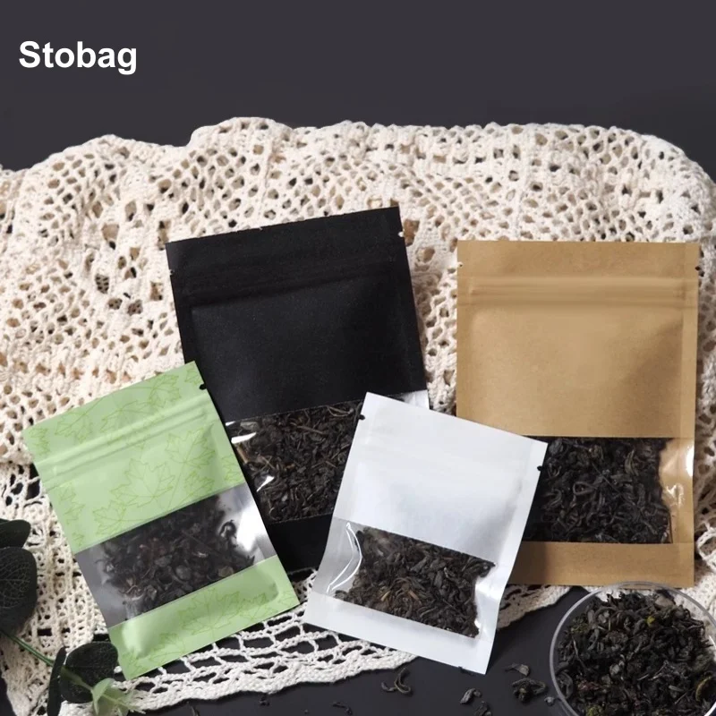 StoBag 100pcs Kraft Paper Black Food Packaging Ziplock Bag Small with Window for Nuts Candy Cookies Tea Beans Storage Pouches