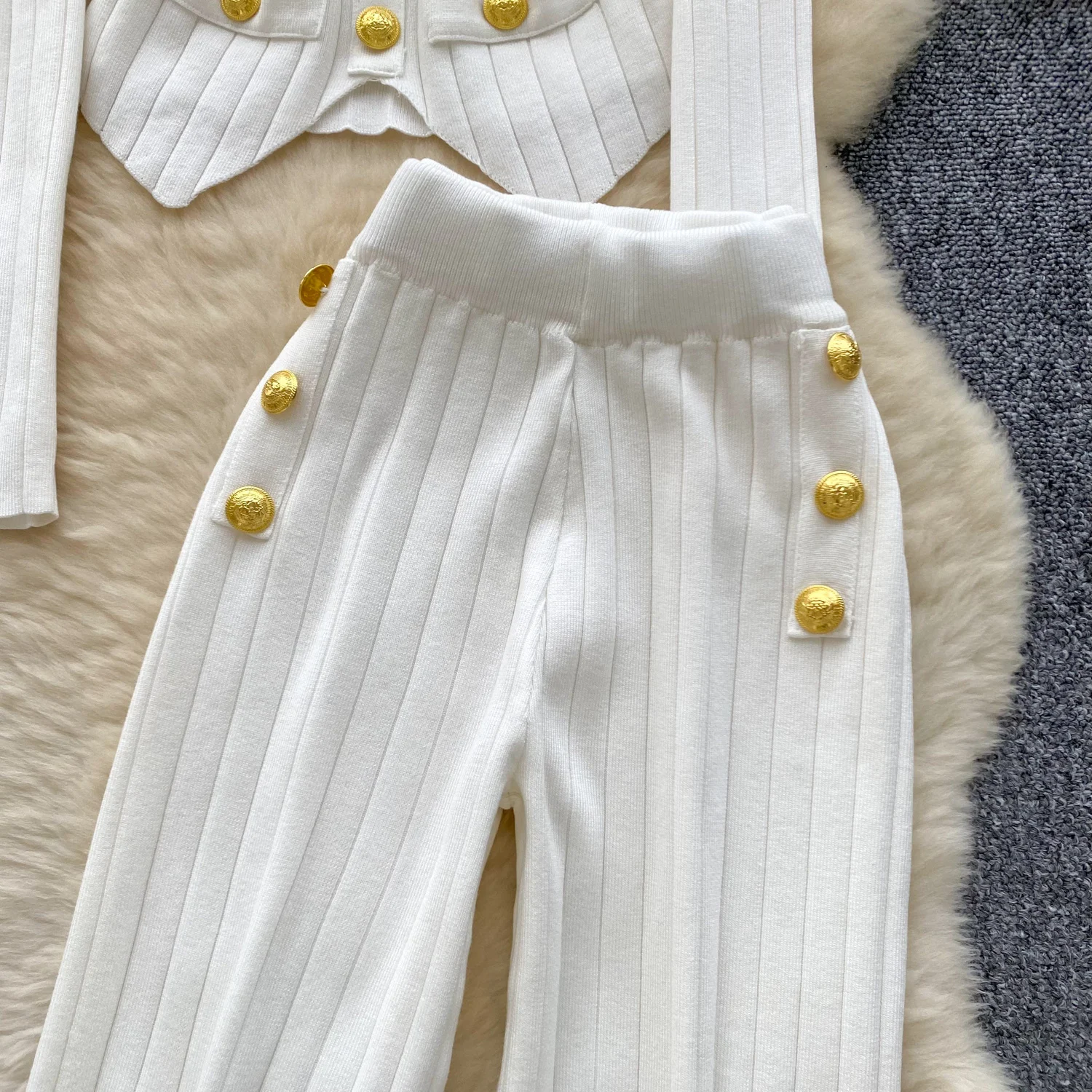 Autumn Knitting Two Piece Set Women Single Breasted Golden Button Cardigans Knitwear Knitted Wide Leg Pants Suits 2pcs Outfits