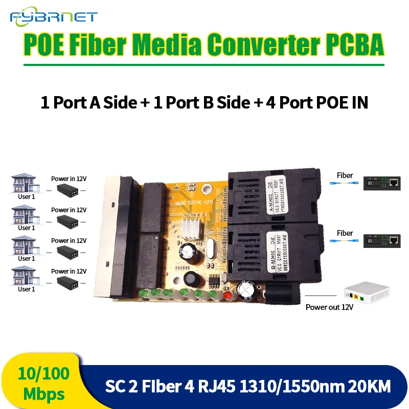 Convertidor de medios ópticos de fibra PCBA, placa PCBA de 10/100M, 2/10 piezas, interruptor inverso POE MINI 2, 4RJ45