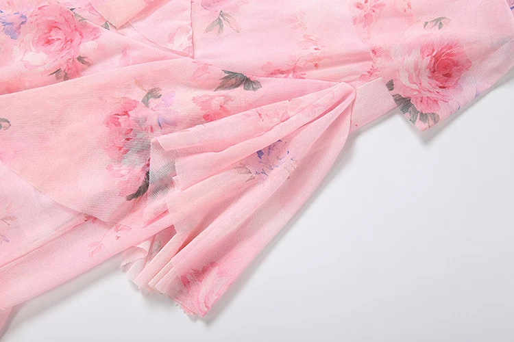 Weird Puss Kleid mit Blumenmuster für Damen, Rüschen, V-Ausschnitt, ärmellos, Bandage, figurbetont, süßer Stil, Sommermode, schick, Urlaubskleid – Detail 8