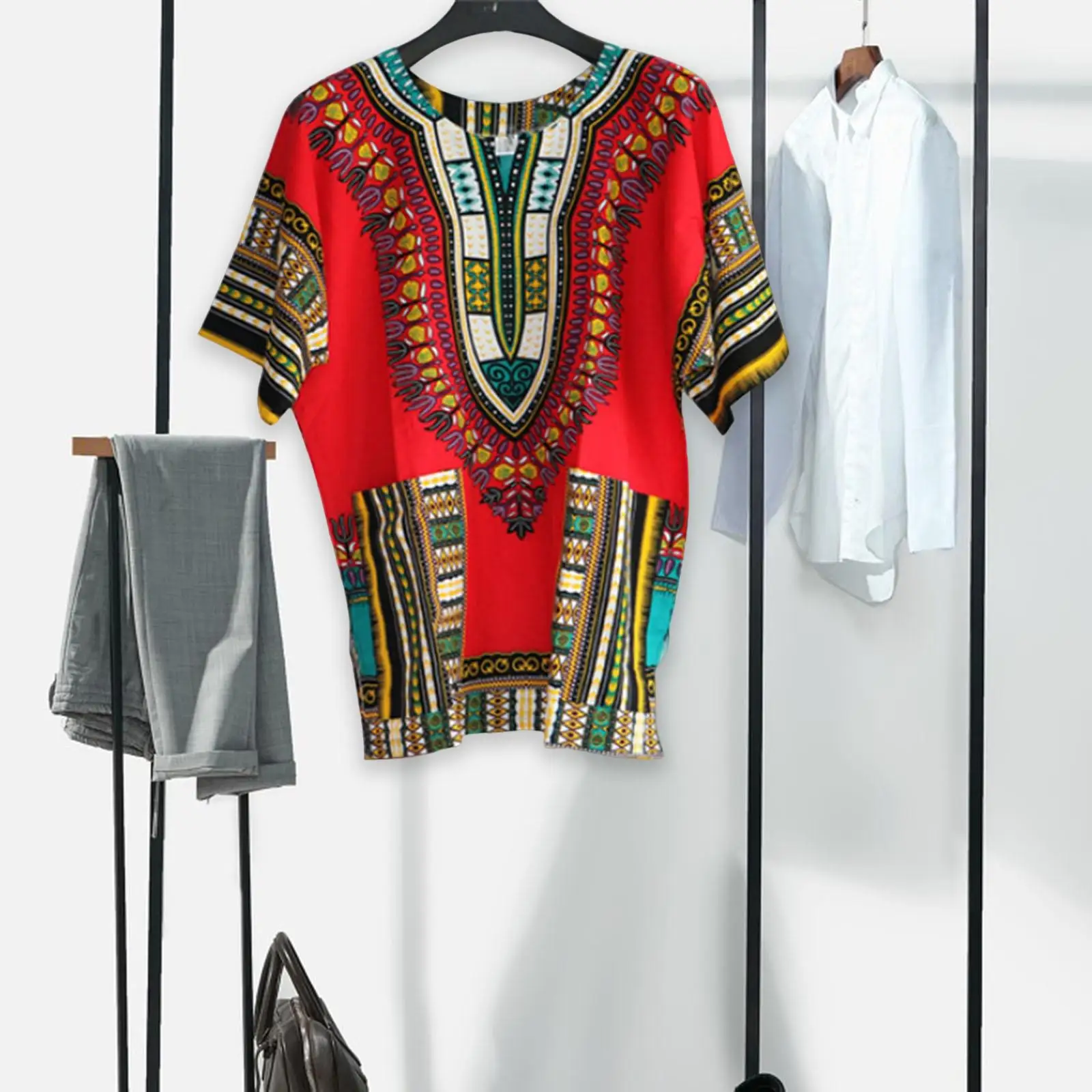 African Traditional Dashiki T Shirt Floral Geometric Print Cotton Blend Loose Fit Unisex Clothing for Men Women Casual Summer