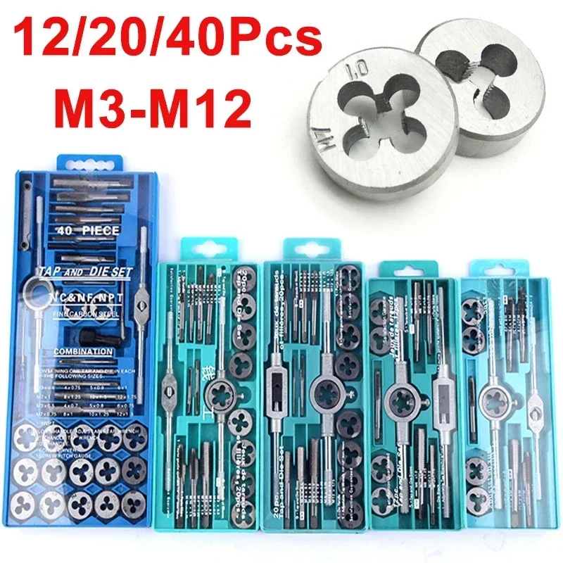 

12/20/40Pcs Metric Hand Tap and Die Set M3-M12 Screw Thread Plugs Straight Taper Reamer Tools Wrench Threading Hand Tools