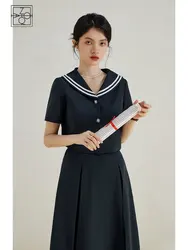 ZIQIAO Retro Navy Style Suit for Women Summer Niche High Waist A-line Skirt Slim Sailor Collar Short Top Two piece Set Female