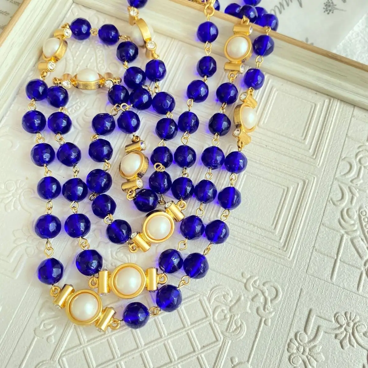 Western Jewelry Long Lapis Lazuli Necklace Inlaid Pearl Earrings Elegant Versatile dress Chain Earrings for Women