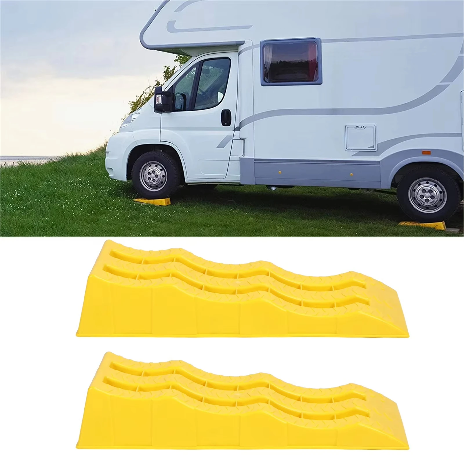 2 rampes de nivellement pour camping-car, 3 niveaux, patins de roue robustes, cales de roue surélevées pour stabiliser les terrains inégaux et le stationnement