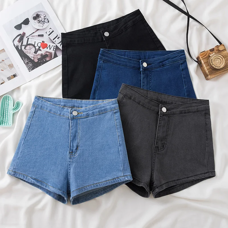

Trendy High Waist Cotton Stretch Denim orts Women's Slim Fit Elastic Summer Hot Pants Straight Leg ort Length Light Blue