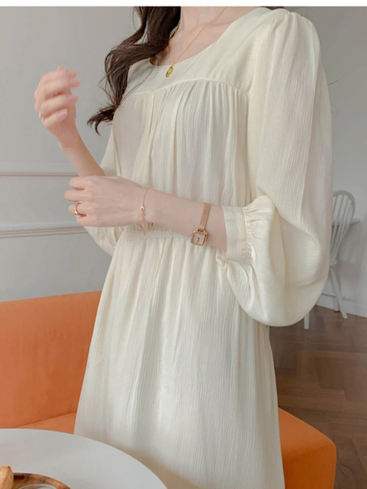 2022 Long Vintage Dresses gentle soft Temperament Lady Korean Japanese Style Flhjlwoc Design Cute Bow Tie Beige White Dress 4209