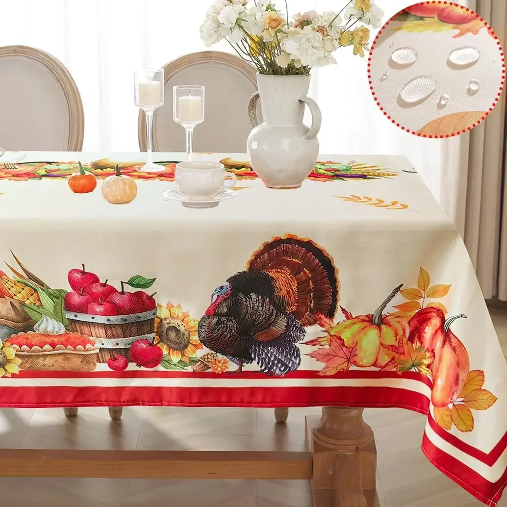 Fall Thanksgiving Waterproof Tablecloths for Table Decor Autumn Turkey Pumpkins Printed Table Cloth Holiday Party Wedding Decor