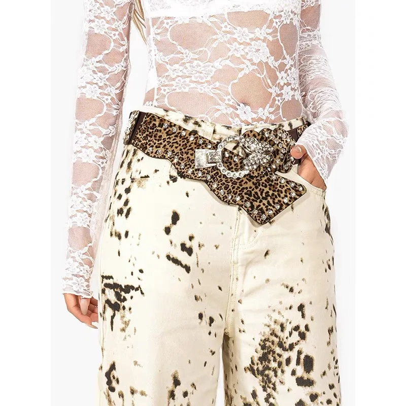 Ladies Oversized Leopard Print Elastic Waistband, Bling Rhinestone Wide Waist Cincher, Casual Dress Decoration Belt