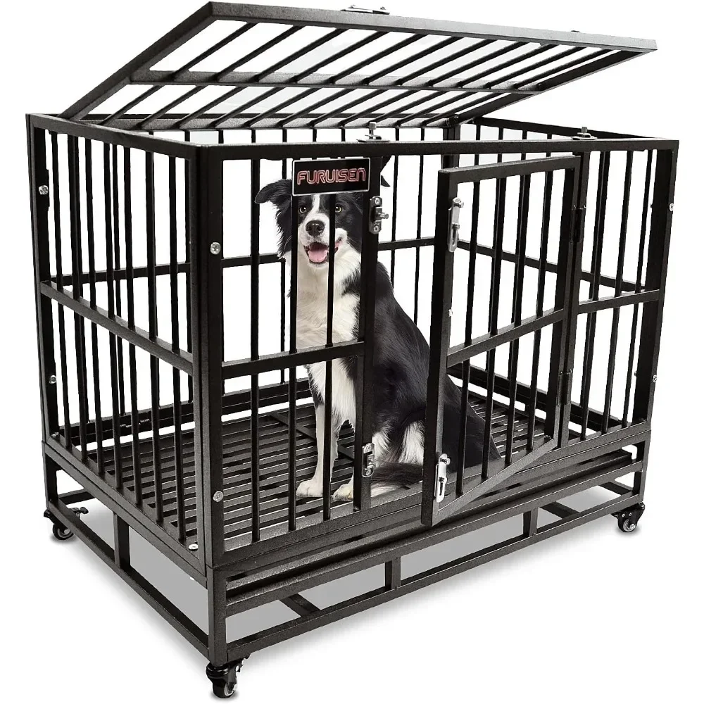 Kennel, 46 Inch Heavy Duty Indestructible Dog Crate Cage with Wheels, Kennel