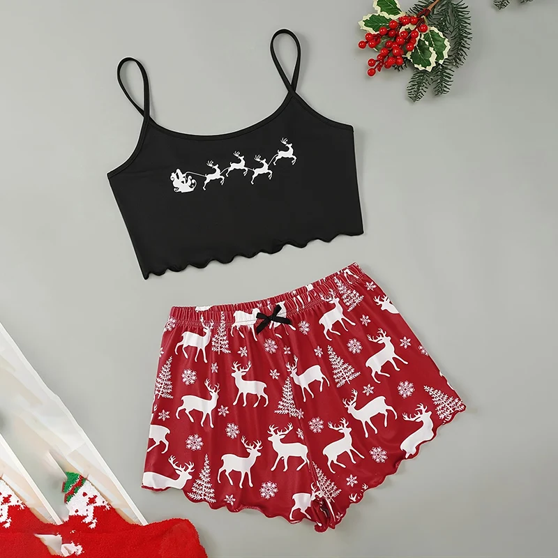 

Женский рождественский пижамный комплект с принтом оленя или снеговика, сексуальный укороченный жилет и шорты с круглым вырезом на тонких бретельках, уютная одежда для сна, пижамы